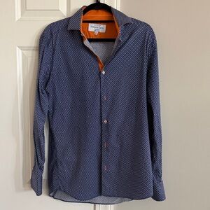 Navy Geometric-Print Button-Down Shirt with Orange Trim